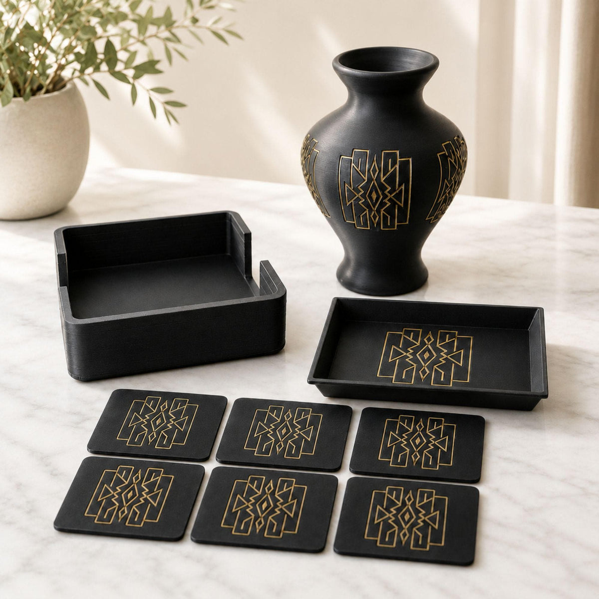 Art Deco Lattice Decor Set | Mid Century Modern Coffee Table Bundle | Black and Tan Vase Tray Coasters | Geometric Home Gift