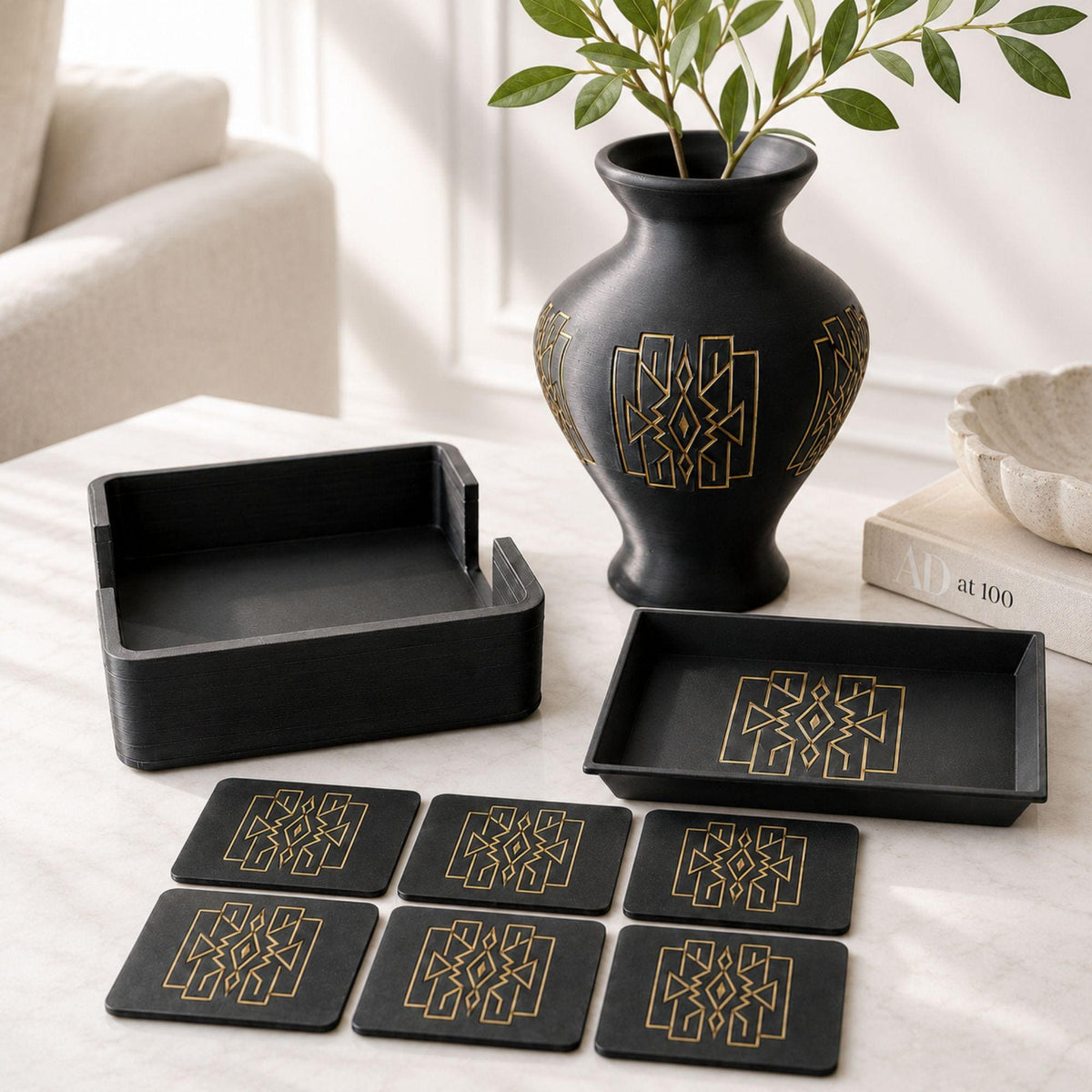 Art Deco Lattice Decor Set | Mid Century Modern Coffee Table Bundle | Black and Tan Vase Tray Coasters | Geometric Home Gift