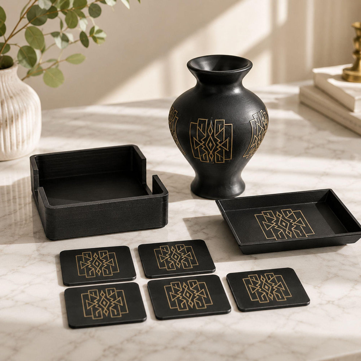 Art Deco Lattice Decor Set | Mid Century Modern Coffee Table Bundle | Black and Tan Vase Tray Coasters | Geometric Home Gift