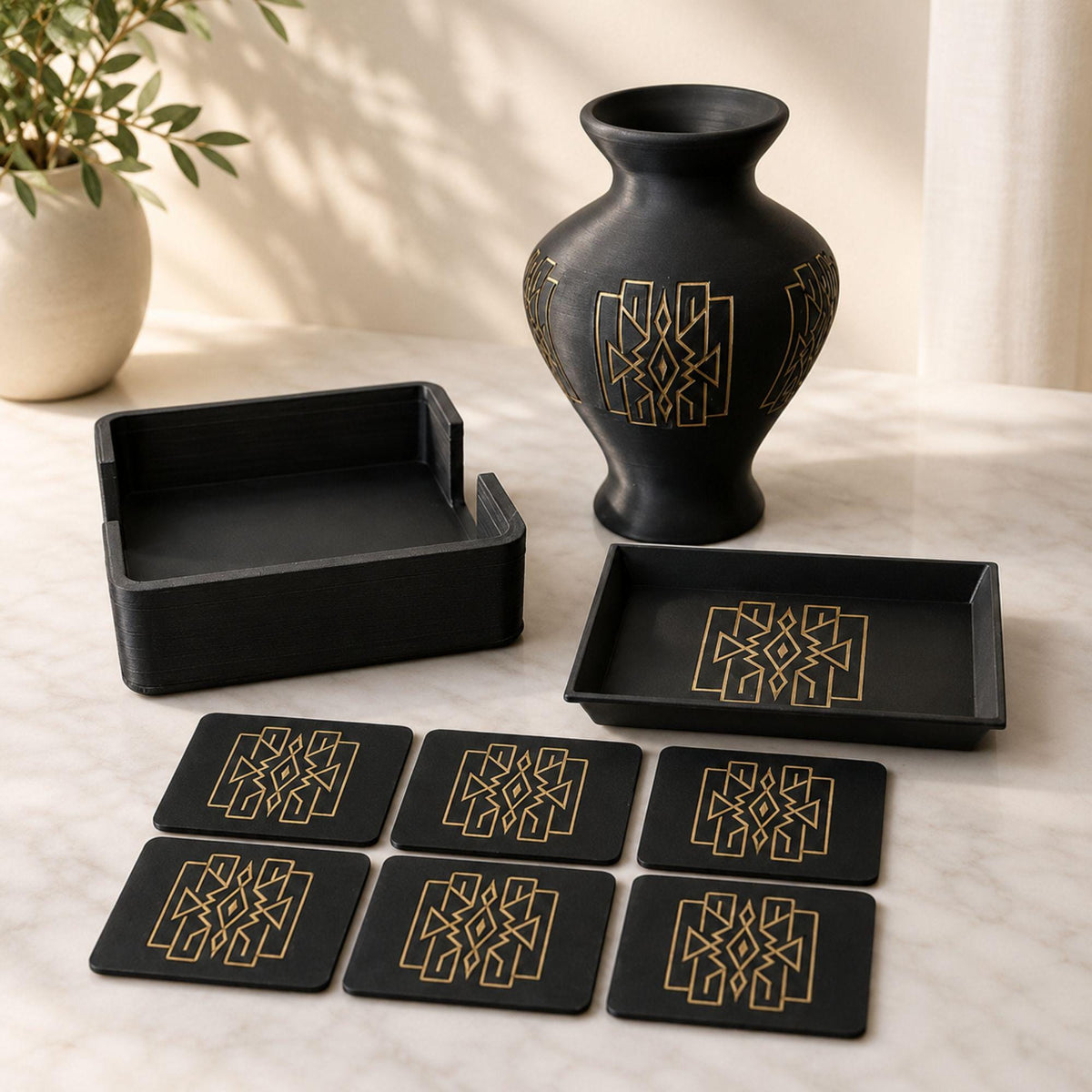 Art Deco Lattice Decor Set | Mid Century Modern Coffee Table Bundle | Black and Tan Vase Tray Coasters | Geometric Home Gift