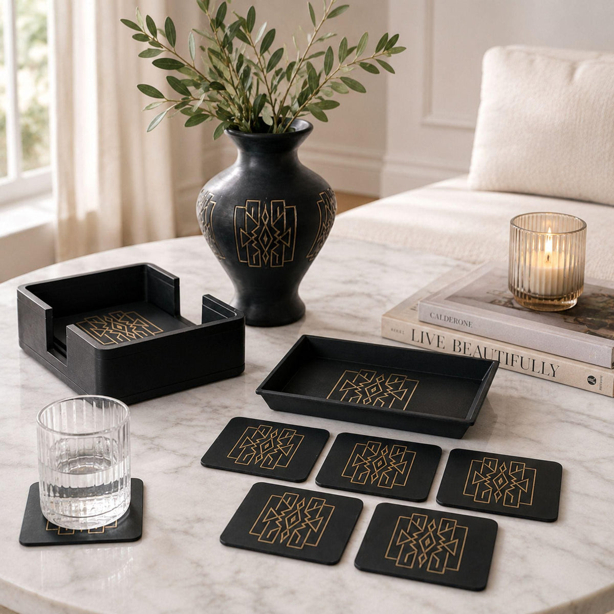 Art Deco Lattice Decor Set | Mid Century Modern Coffee Table Bundle | Black and Tan Vase Tray Coasters | Geometric Home Gift