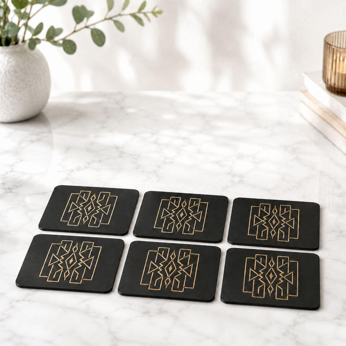 Art Deco Lattice Decor Set | Mid Century Modern Coffee Table Bundle | Black and Tan Vase Tray Coasters | Geometric Home Gift