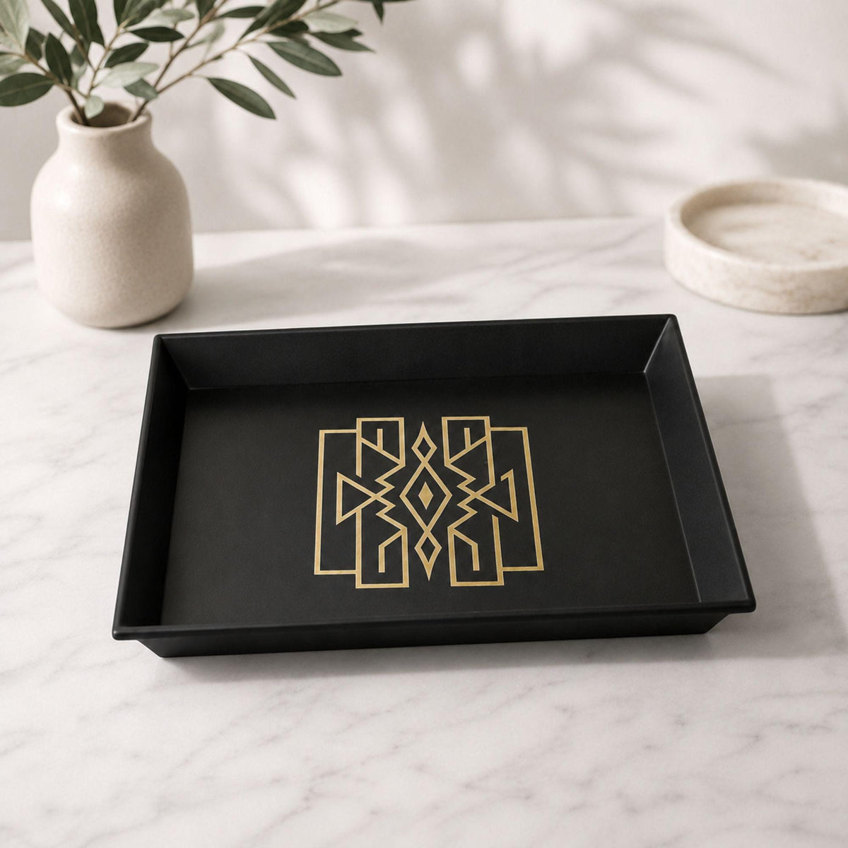 Art Deco Lattice Decor Set | Mid Century Modern Coffee Table Bundle | Black and Tan Vase Tray Coasters | Geometric Home Gift