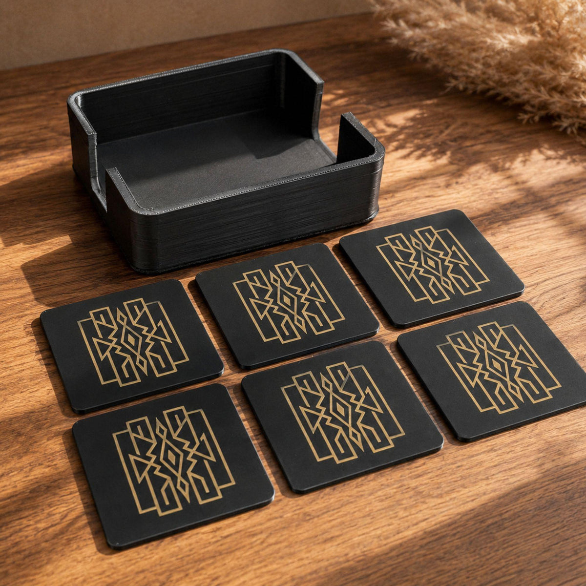 Art Deco Lattice Decor Set | Mid Century Modern Coffee Table Bundle | Black and Tan Vase Tray Coasters | Geometric Home Gift
