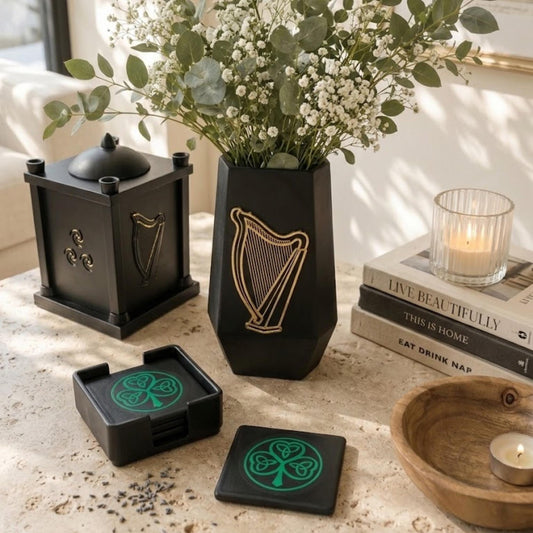Celtic Harp Heritage Set | Irish Harp Vase, National Harp Lantern & Shamrock Coasters | Celtic Home Decor Gift