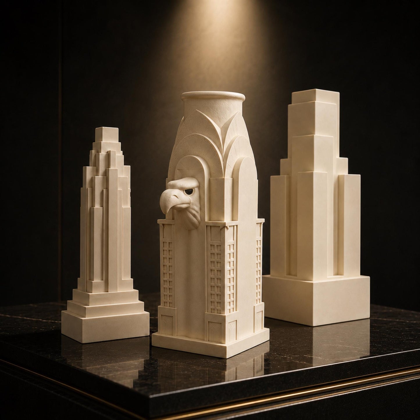 American Skyscraper Decor Set | Art Deco Architectural Sculpture Trio | Cream Tower Gift