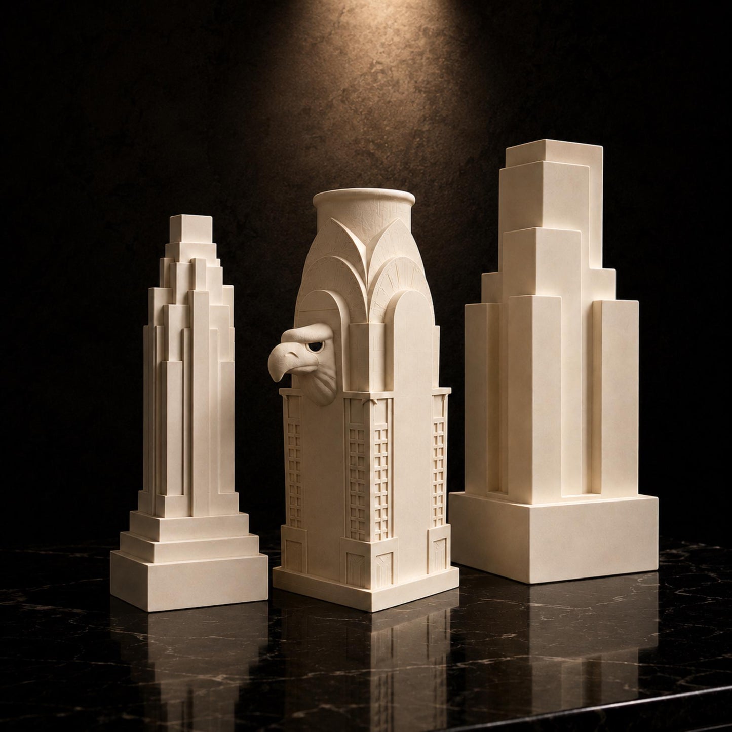 American Skyscraper Decor Set | Art Deco Architectural Sculpture Trio | Cream Tower Gift
