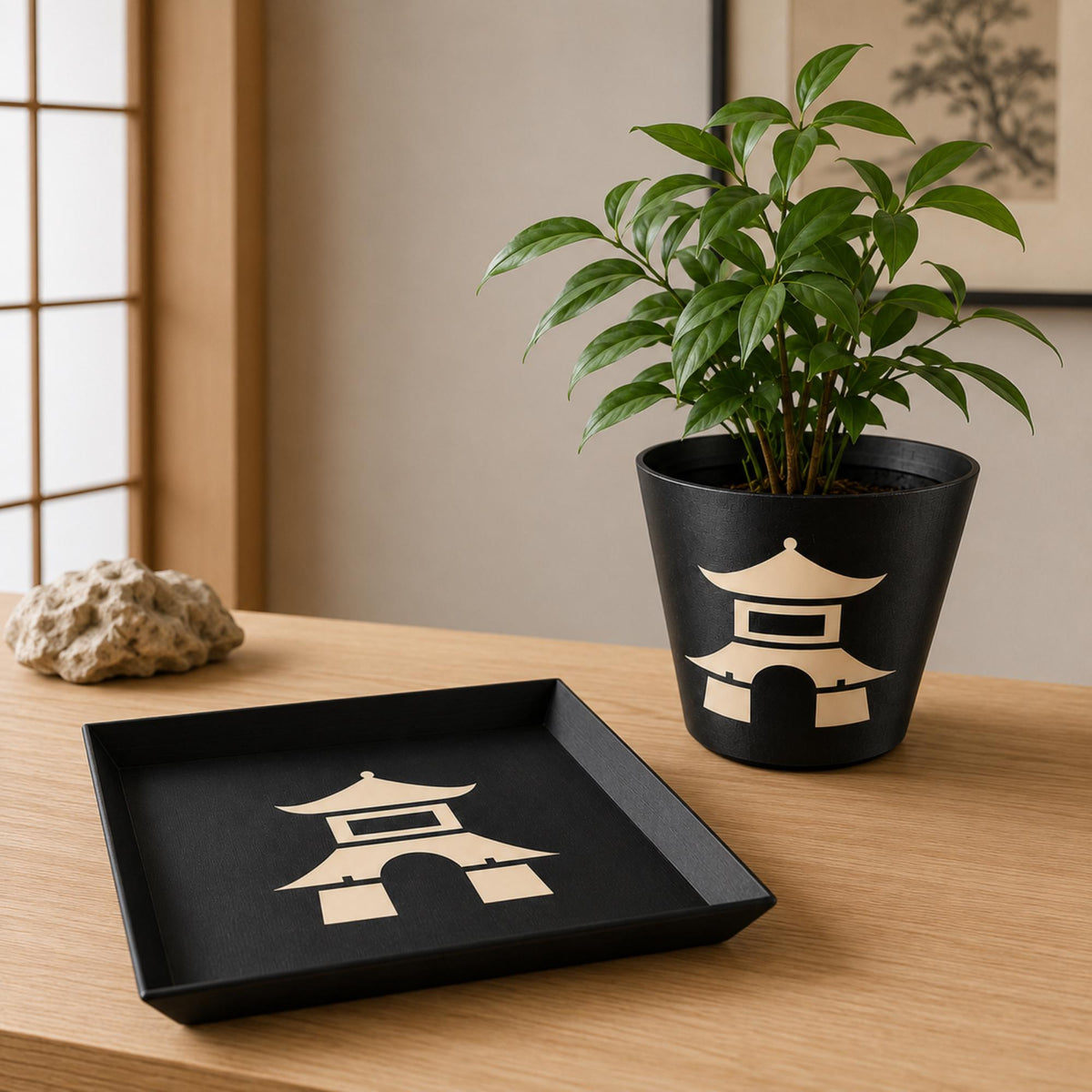 Japanese Pagoda Decor Set | Zen Tray and Cachepot Planter | Japandi Housewarming Gift