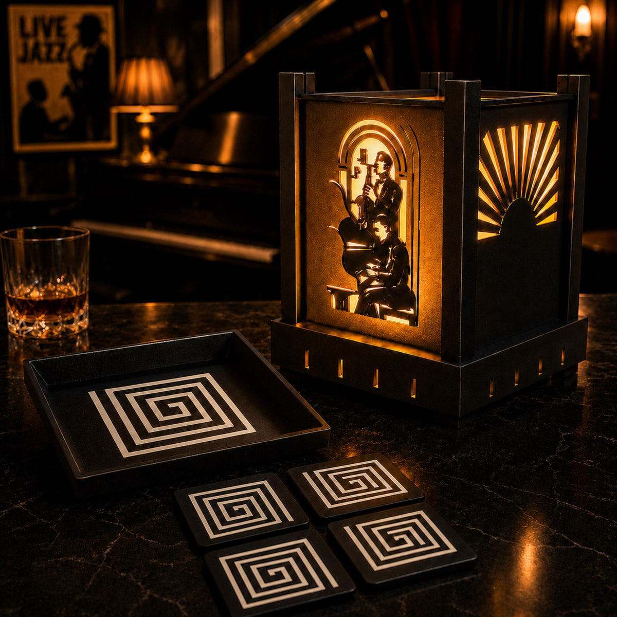 Jazz Musicians Lamp Set | Art Deco Jazz Duo Lamp, Spiral Coaster Set & Labyrinth Tray | Speakeasy Gift