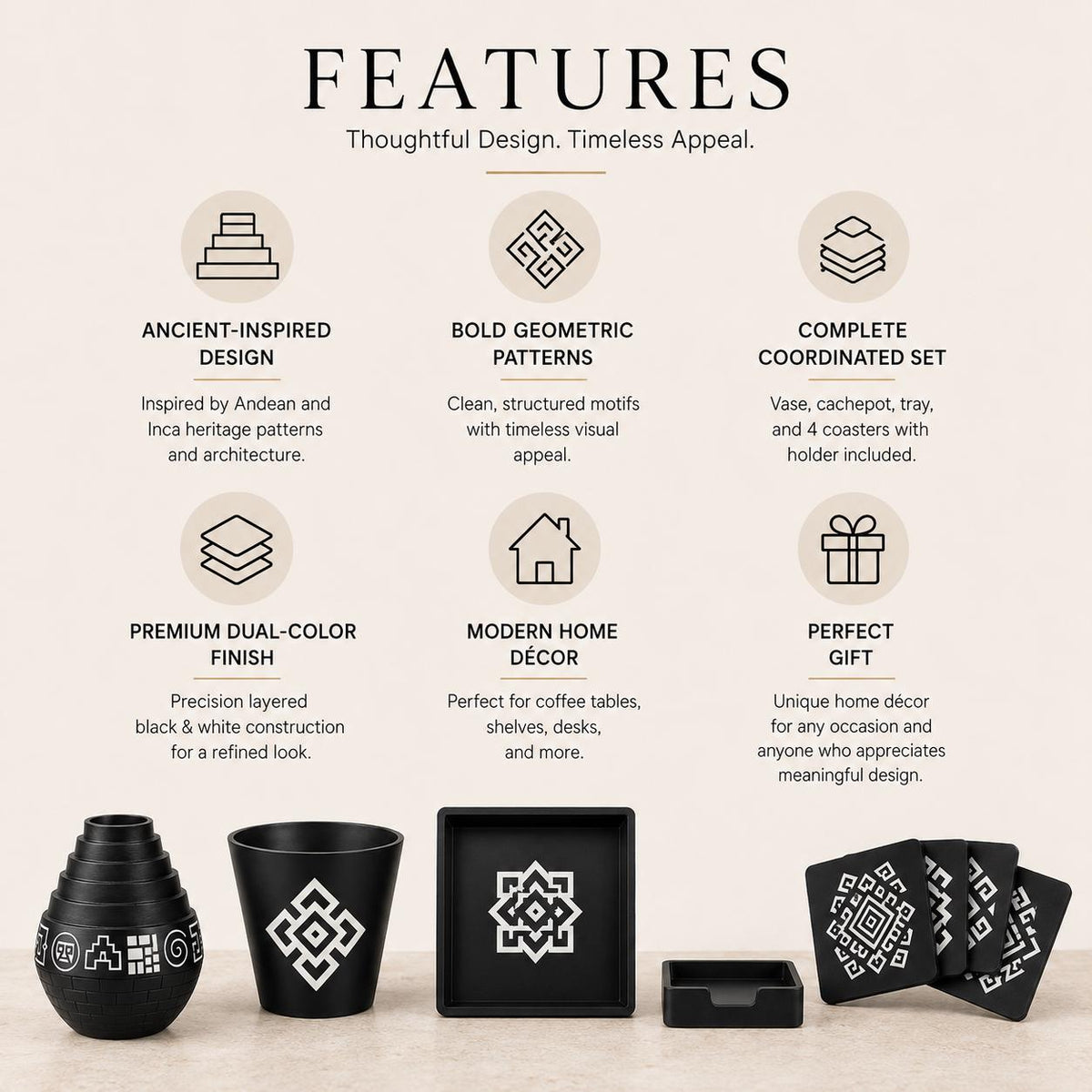 Geometric Home Decor Set | Andean Vase, Tray & Coasters | Coffee Table Decor | Housewarming Gift