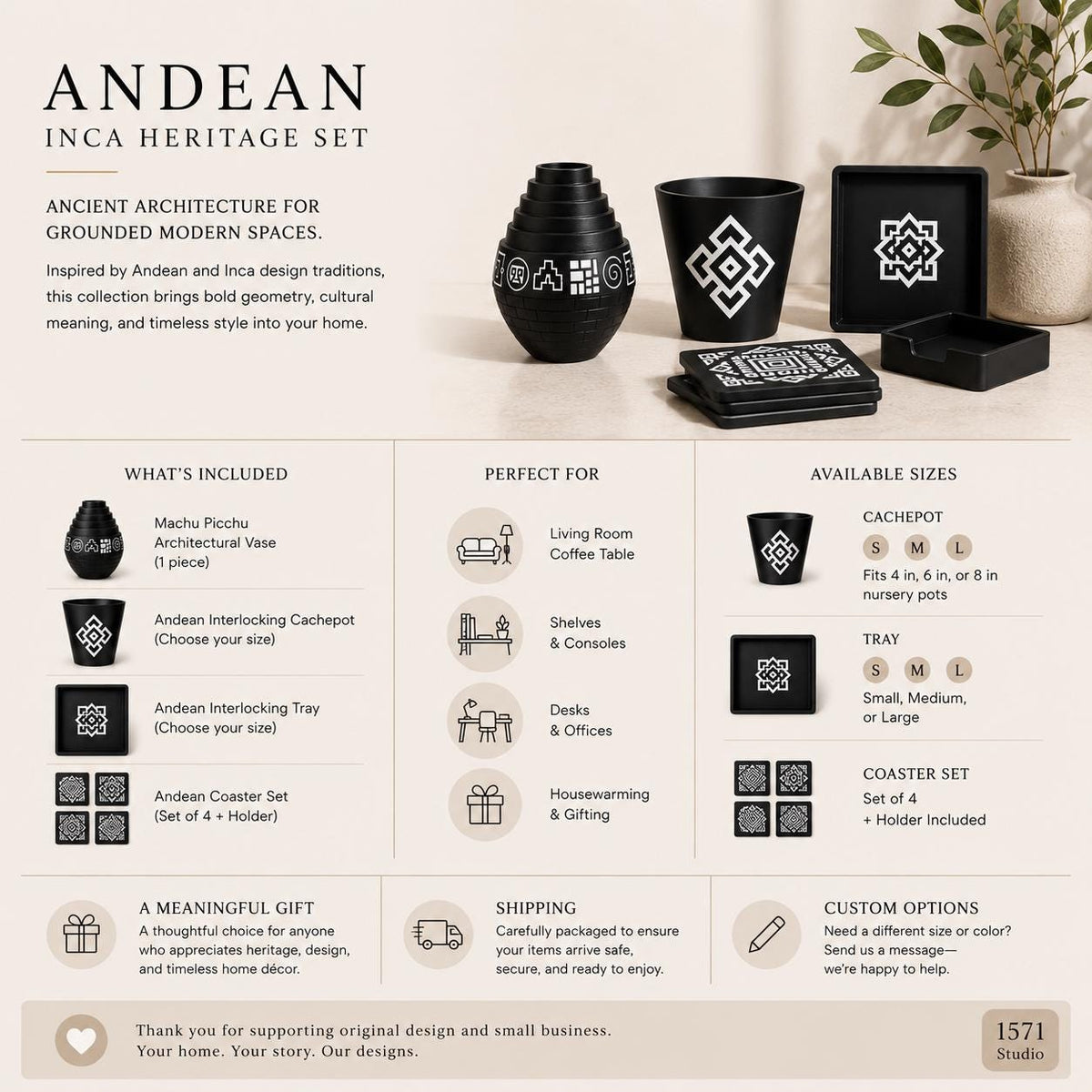 Geometric Home Decor Set | Andean Vase, Tray & Coasters | Coffee Table Decor | Housewarming Gift