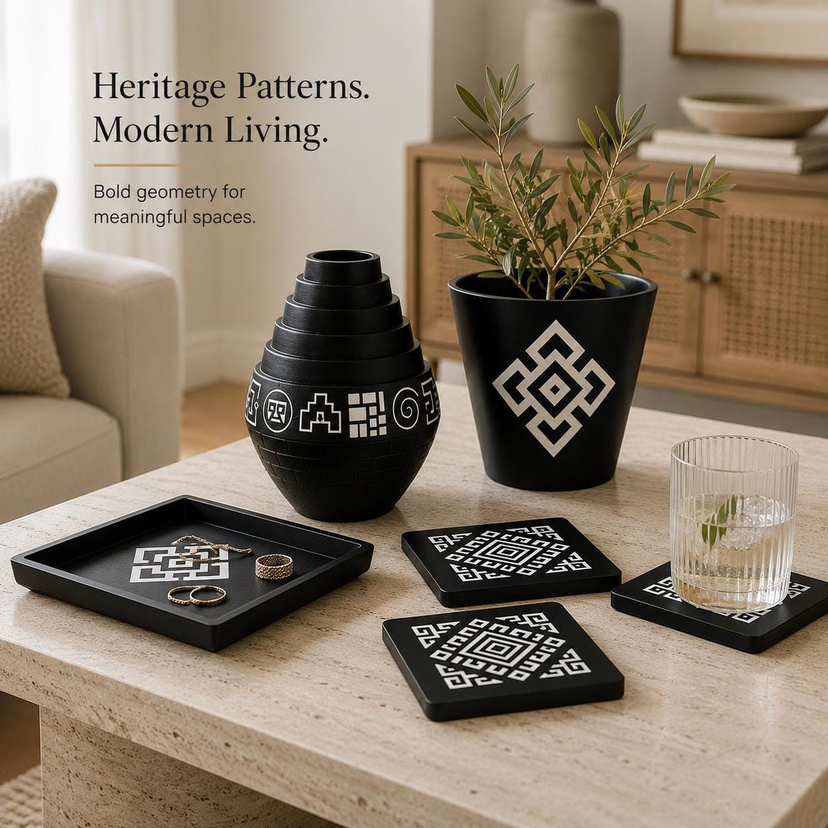 Geometric Home Decor Set | Andean Vase, Tray & Coasters | Coffee Table Decor | Housewarming Gift