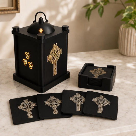 CELTIC CROSS Heritage Bundle | Irish Heritage Home Decor Set | LED Lantern & Knotwork Coasters | Ancestry Gift