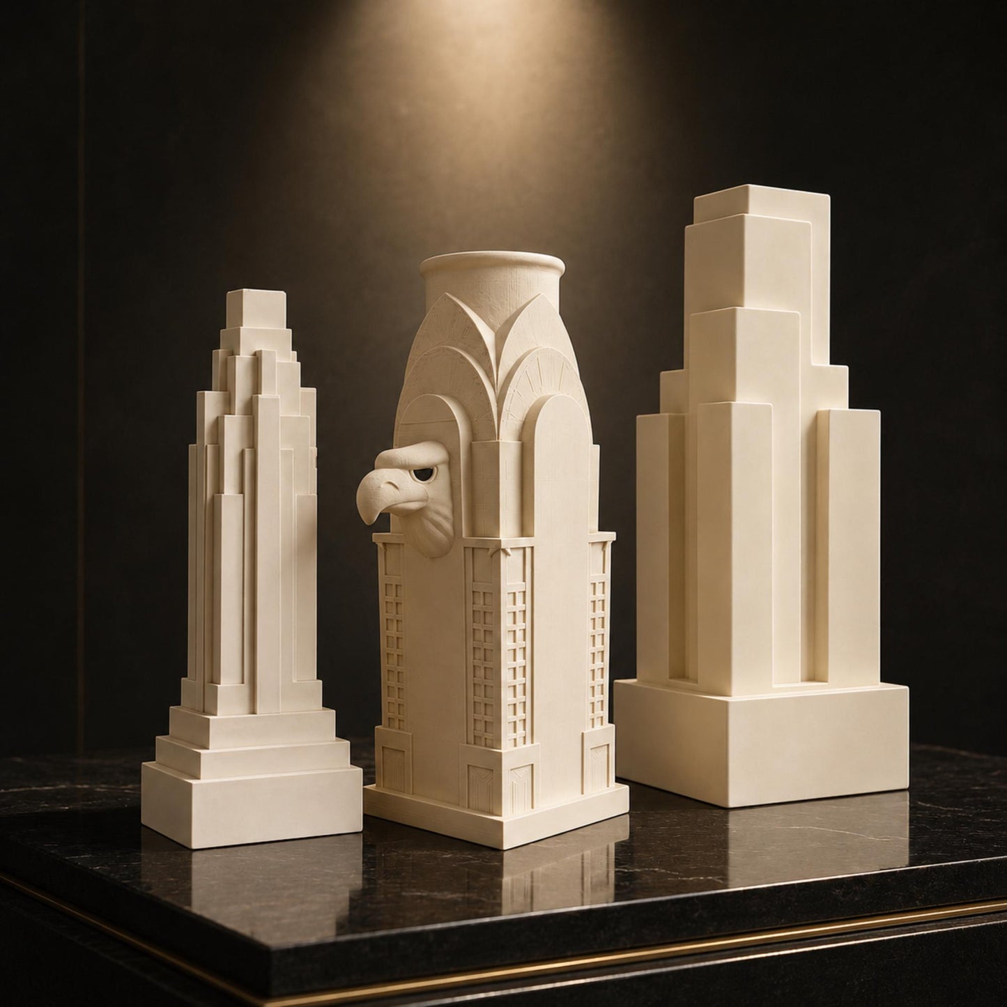 American Skyscraper Decor Set | Art Deco Architectural Sculpture Trio | Cream Tower Gift