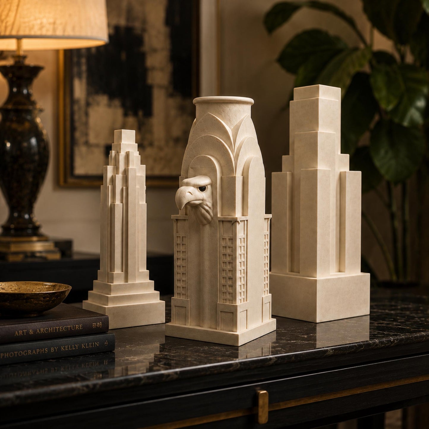 American Skyscraper Decor Set | Art Deco Architectural Sculpture Trio | Cream Tower Gift