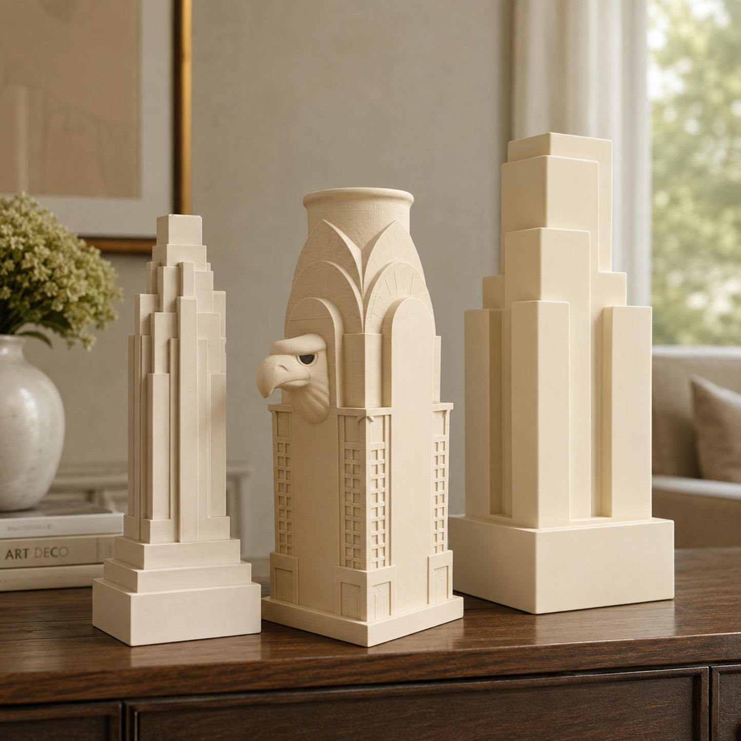 American Skyscraper Decor Set | Art Deco Architectural Sculpture Trio | Cream Tower Gift