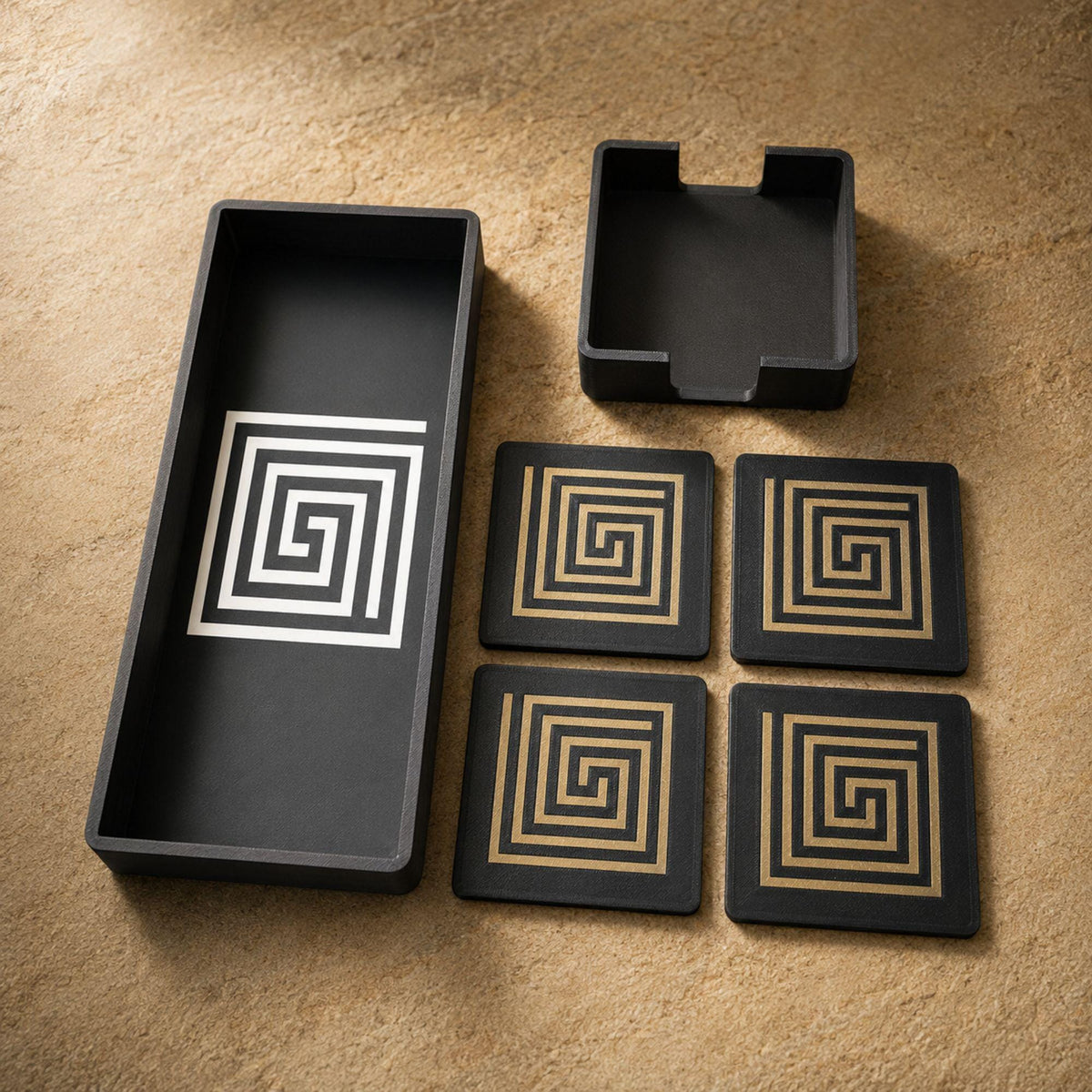 Mayan Labyrinth Accent Duo | Geometric Tray, Coaster Set & Holder | Mesoamerican Coffee Table Decor Gift