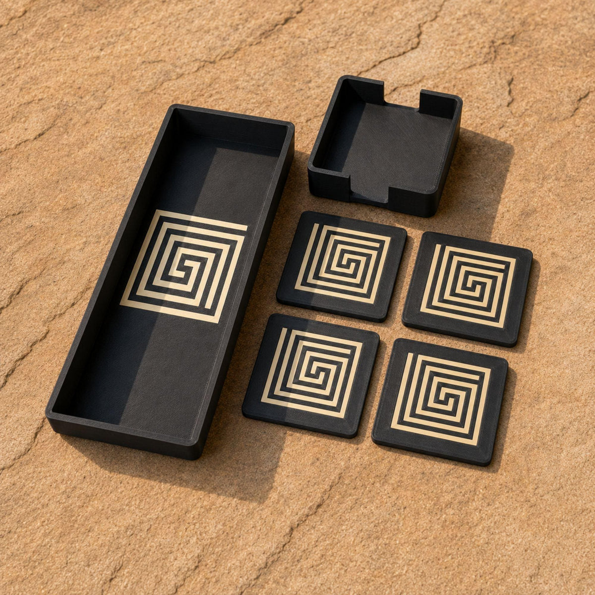 Mayan Labyrinth Accent Duo | Geometric Tray, Coaster Set & Holder | Mesoamerican Coffee Table Decor Gift