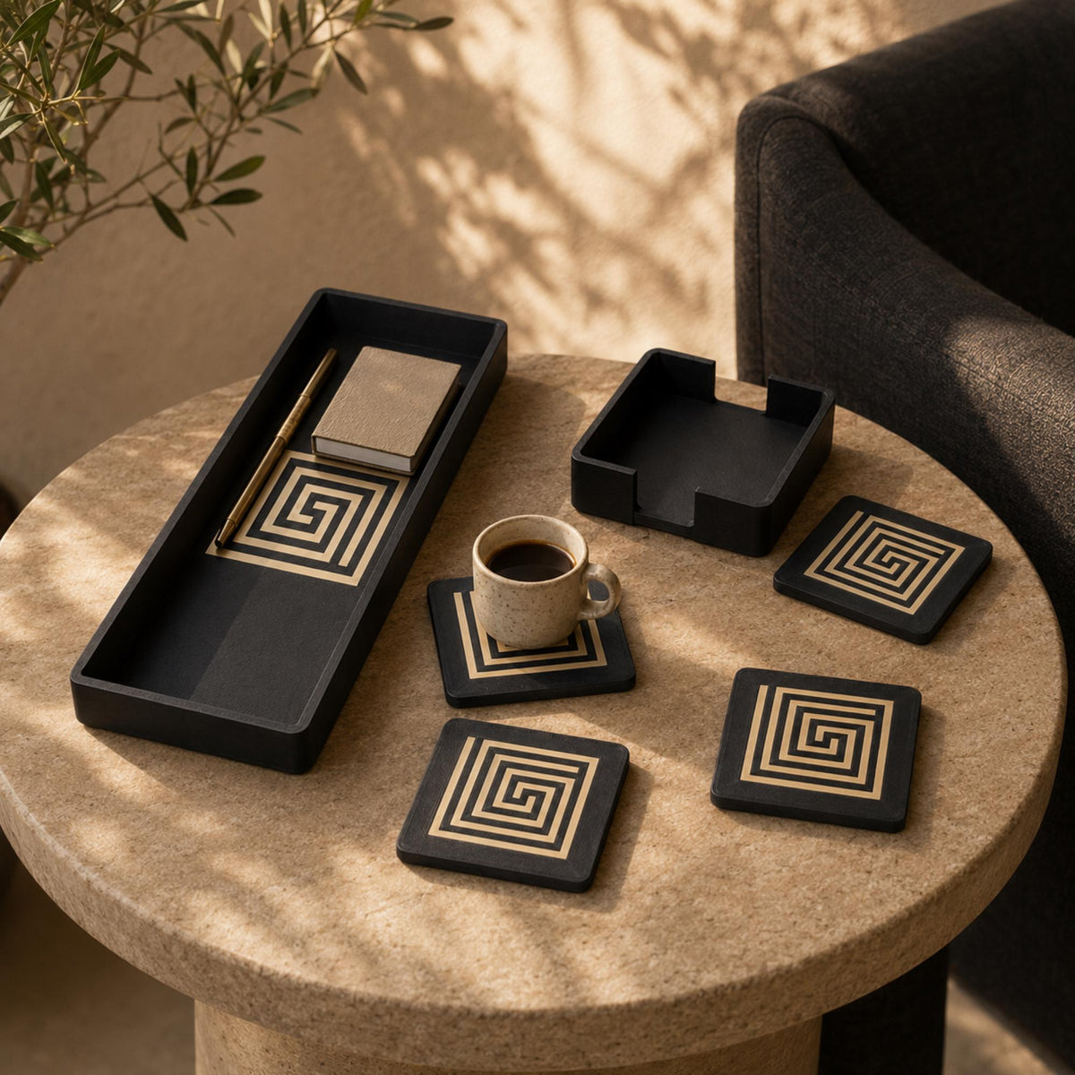 Mayan Labyrinth Accent Duo | Geometric Tray, Coaster Set & Holder | Mesoamerican Coffee Table Decor Gift