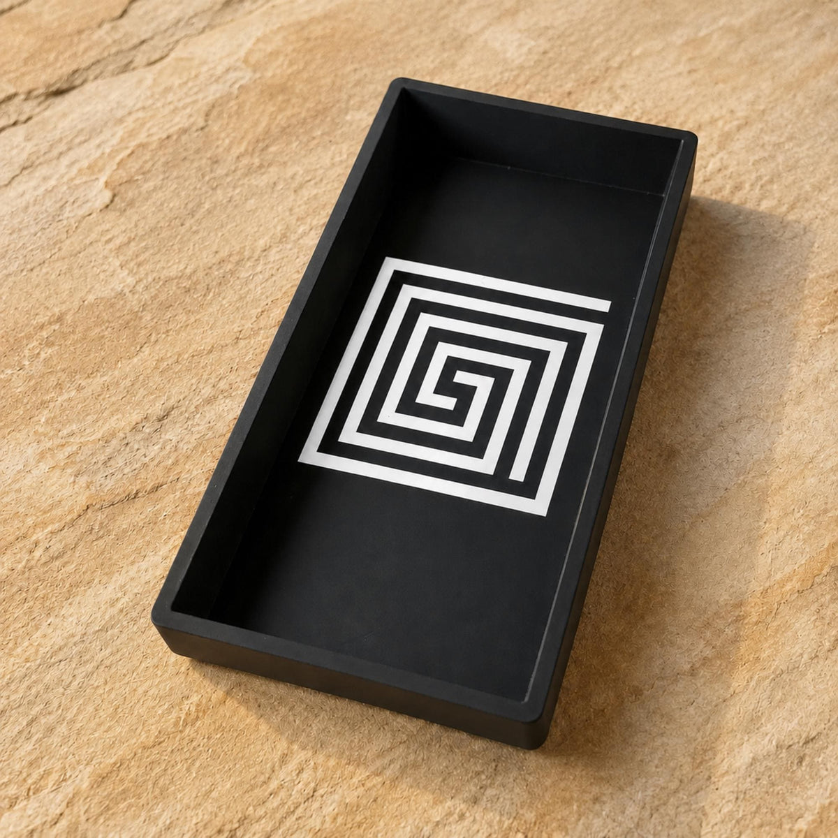 Mayan Labyrinth Accent Duo | Geometric Tray, Coaster Set & Holder | Mesoamerican Coffee Table Decor Gift