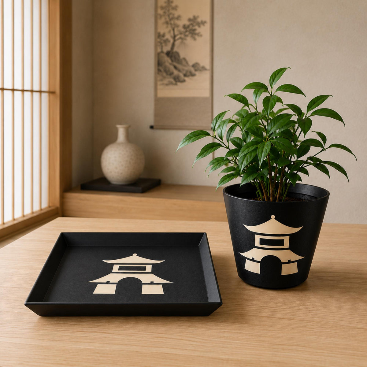 Japanese Pagoda Decor Set | Zen Tray and Cachepot Planter | Japandi Housewarming Gift