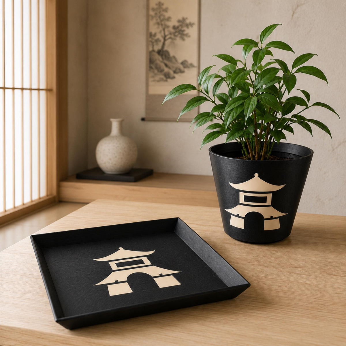 Japanese Pagoda Decor Set | Zen Tray and Cachepot Planter | Japandi Housewarming Gift