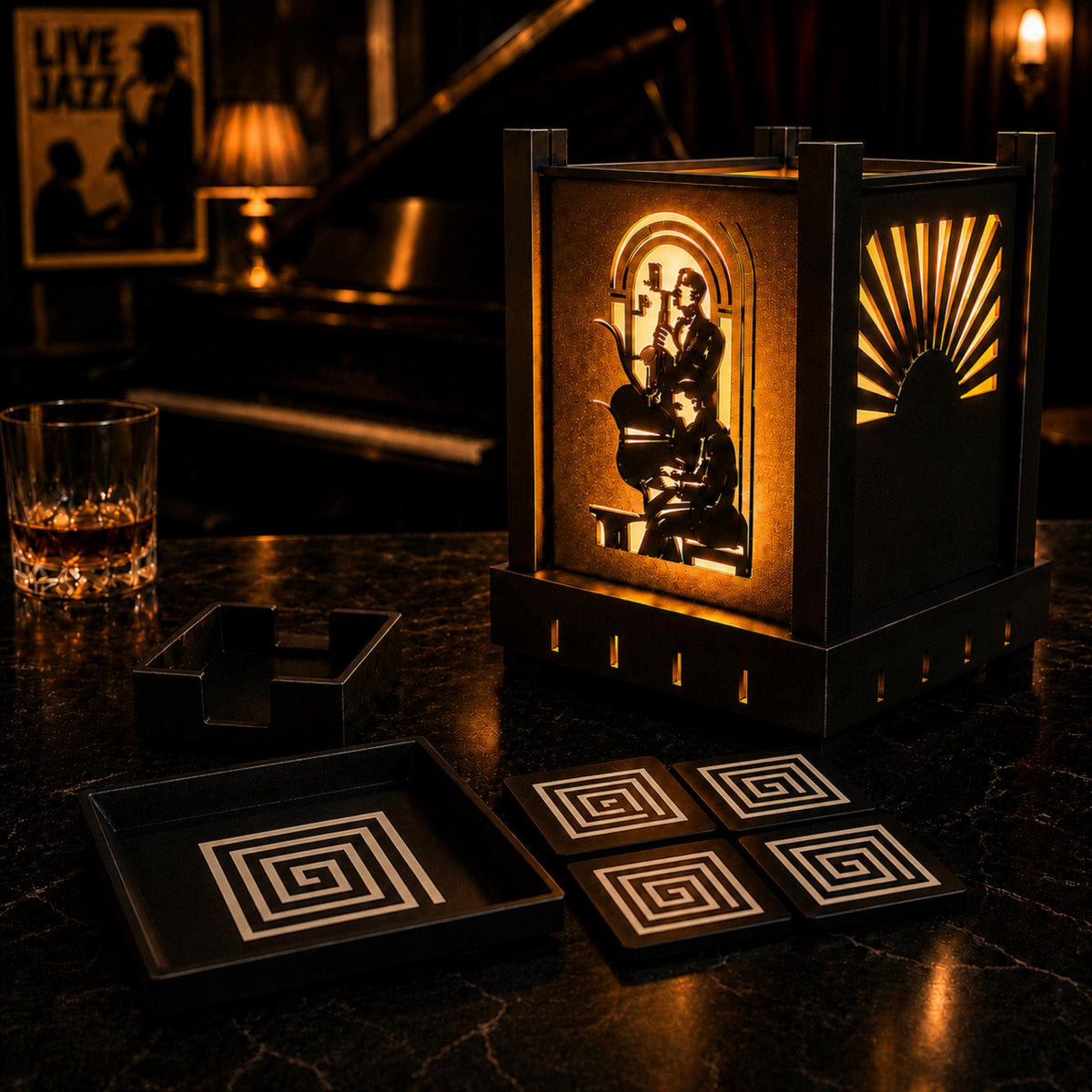 Jazz Musicians Lamp Set | Art Deco Jazz Duo Lamp, Spiral Coaster Set & Labyrinth Tray | Speakeasy Gift