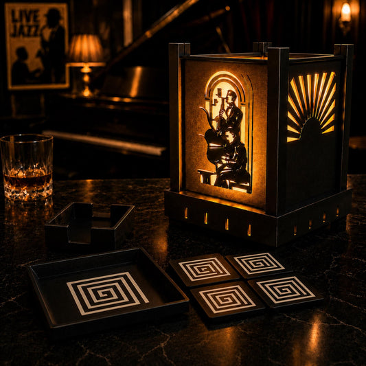 Jazz Musicians Lamp Set | Art Deco Jazz Duo Lamp, Spiral Coaster Set & Labyrinth Tray | Speakeasy Gift