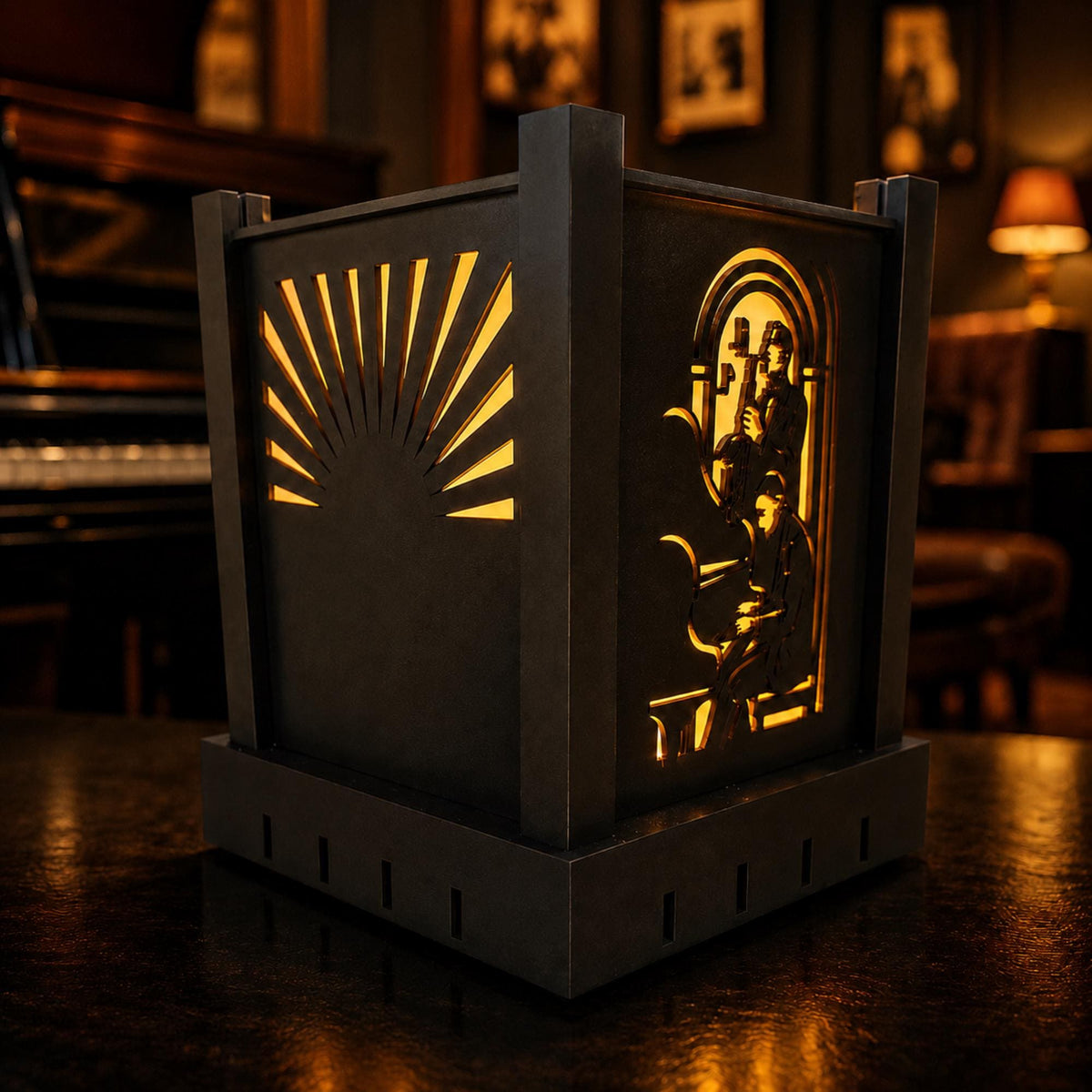 Jazz Musicians Lamp Set | Art Deco Jazz Duo Lamp, Spiral Coaster Set & Labyrinth Tray | Speakeasy Gift