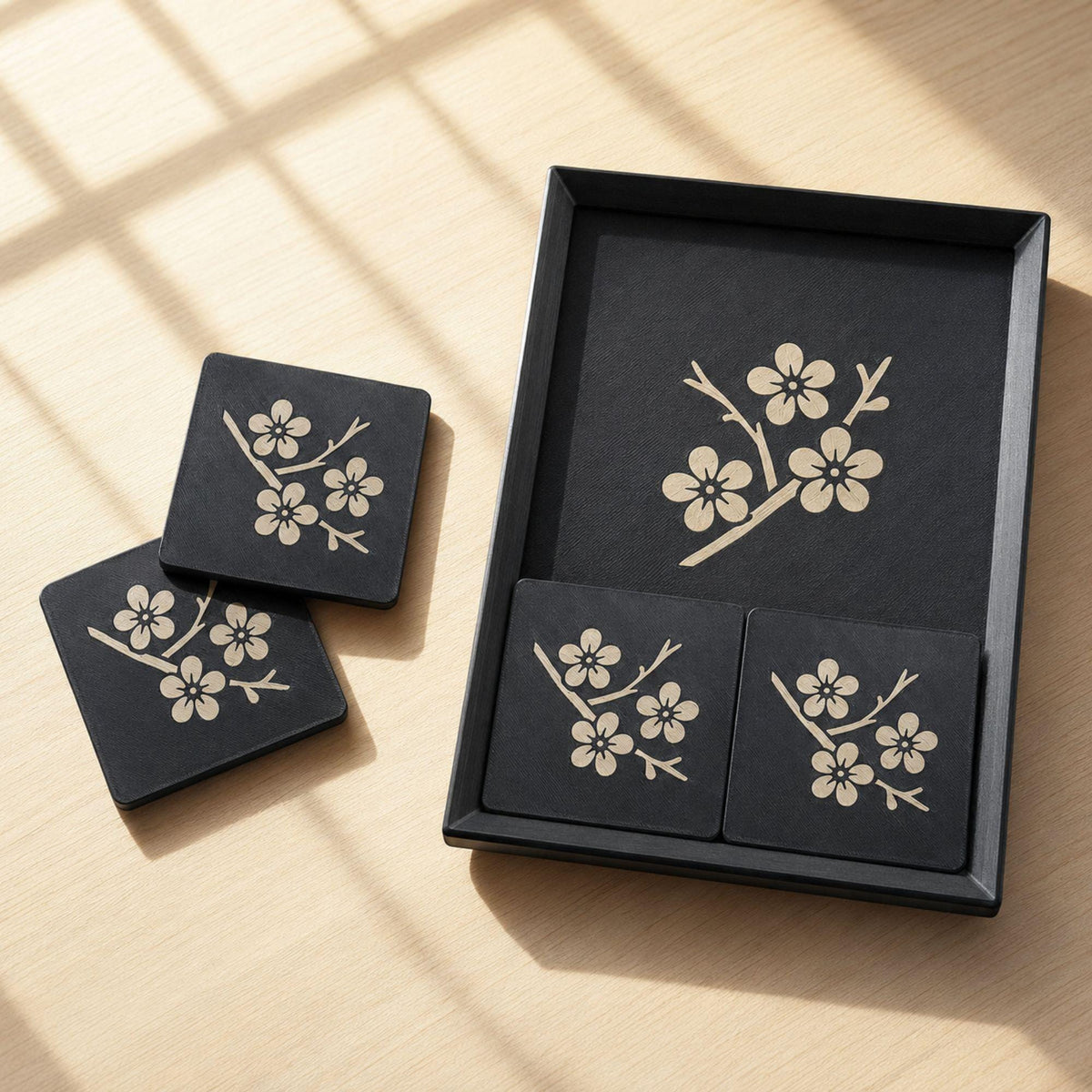 Sakura Path Duo | Cherry Blossom Tray & Coaster Set | Japanese Zen Coffee Table Decor Gift