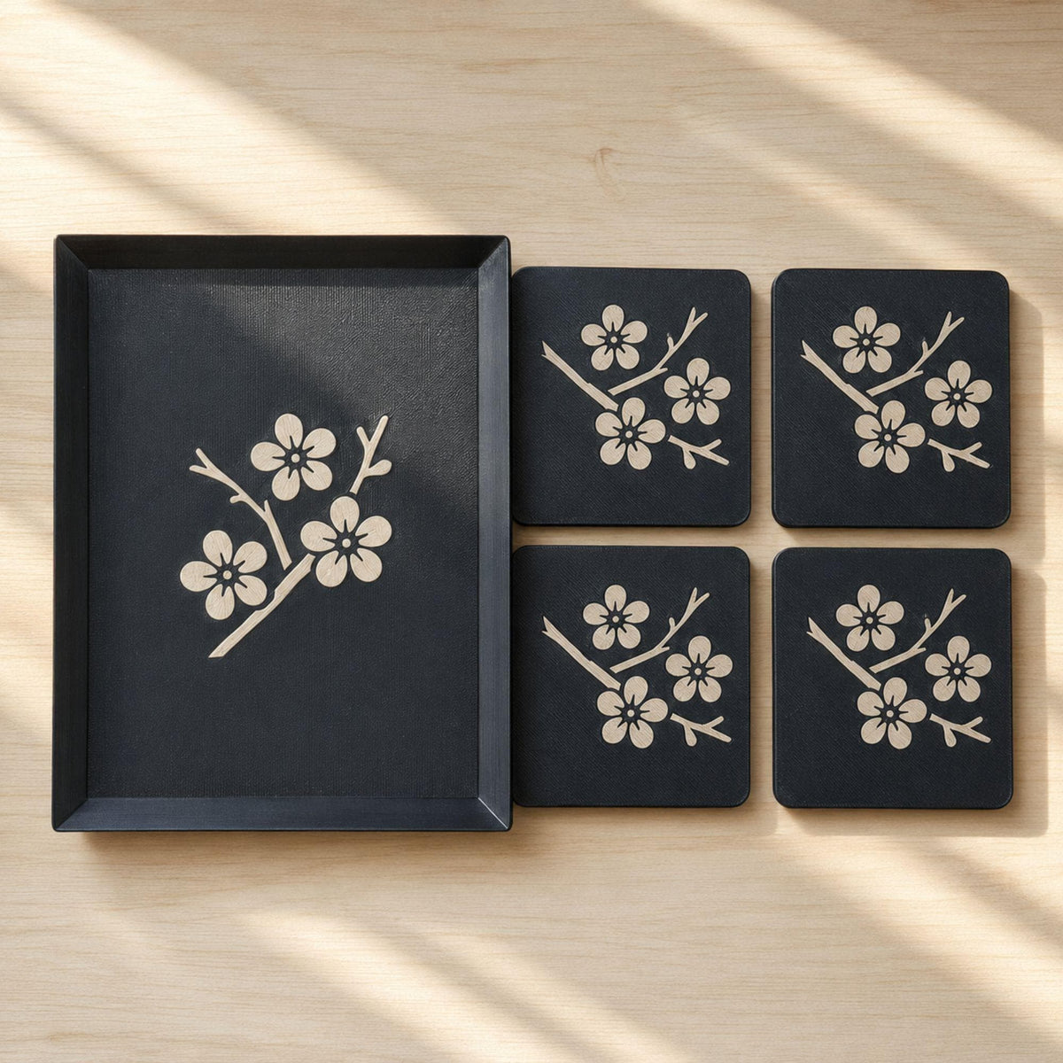 Sakura Path Duo | Cherry Blossom Tray & Coaster Set | Japanese Zen Coffee Table Decor Gift