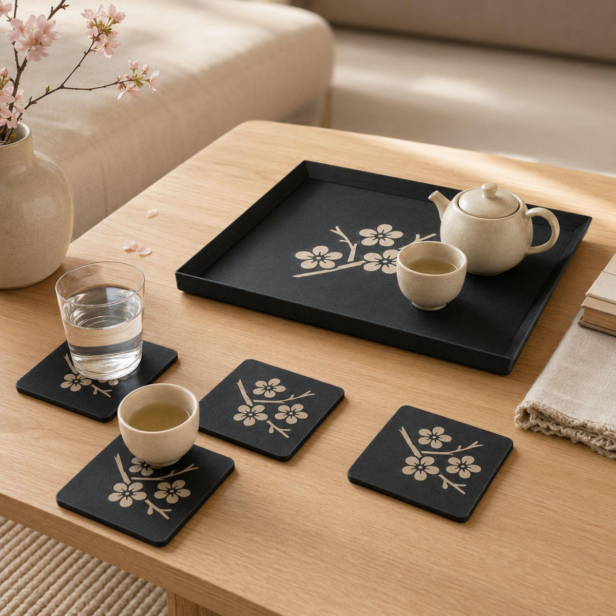Sakura Path Duo | Cherry Blossom Tray & Coaster Set | Japanese Zen Coffee Table Decor Gift