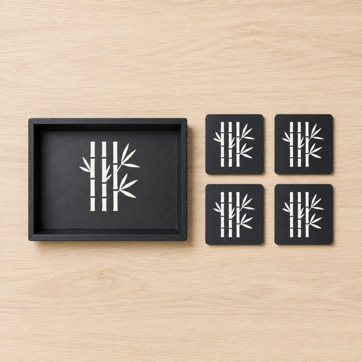 Bamboo Accent Duo | Bamboo Decorative Tray & Coaster Set | Japanese Zen Japandi Coffee Table Decor Gift