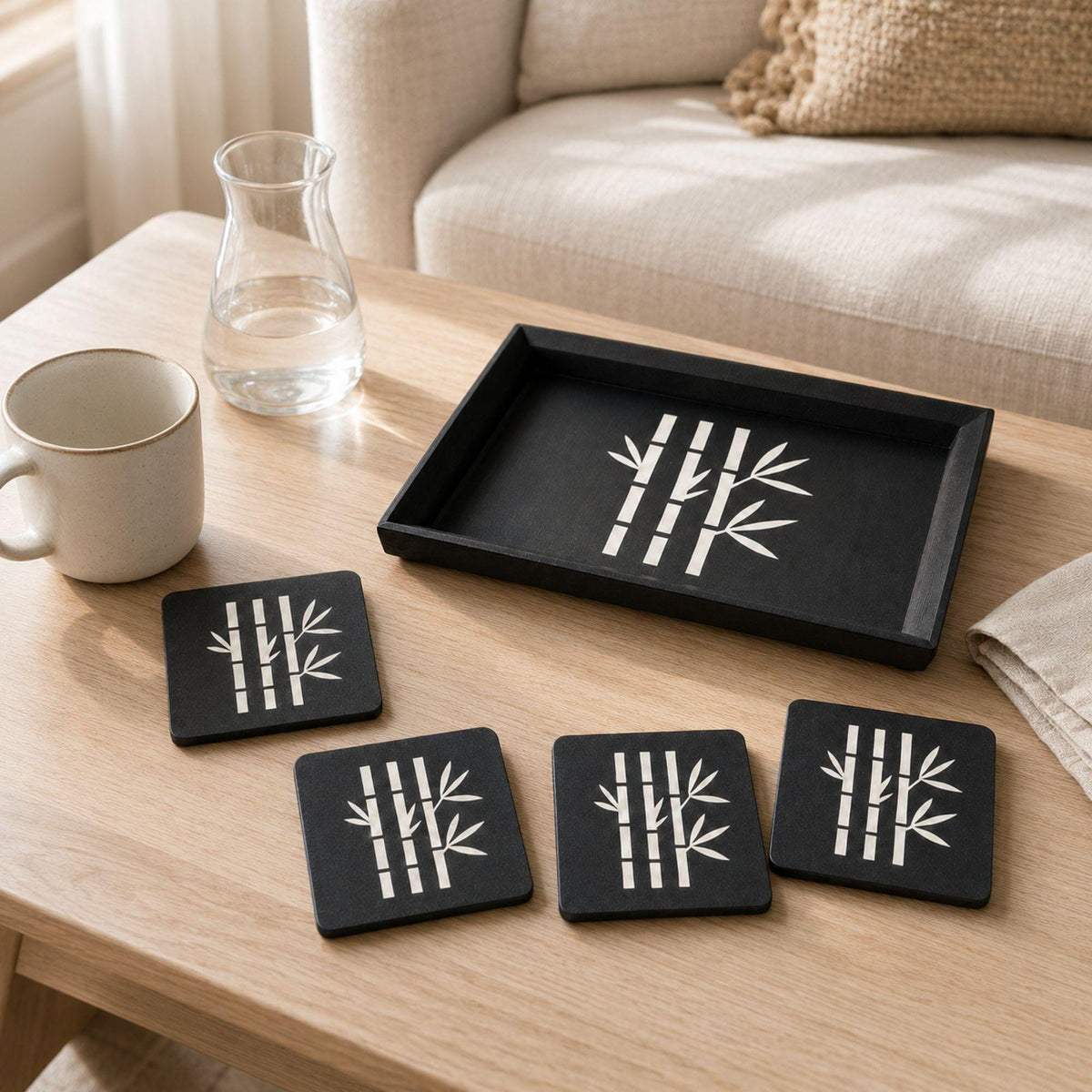Bamboo Accent Duo | Bamboo Decorative Tray & Coaster Set | Japanese Zen Japandi Coffee Table Decor Gift