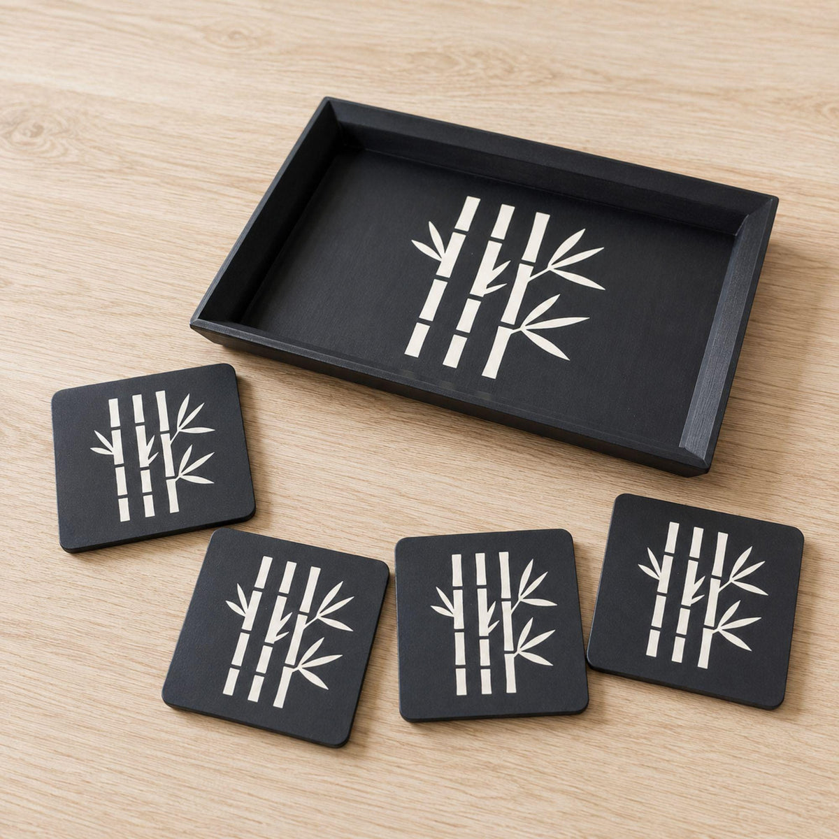 Bamboo Accent Duo | Bamboo Decorative Tray & Coaster Set | Japanese Zen Japandi Coffee Table Decor Gift
