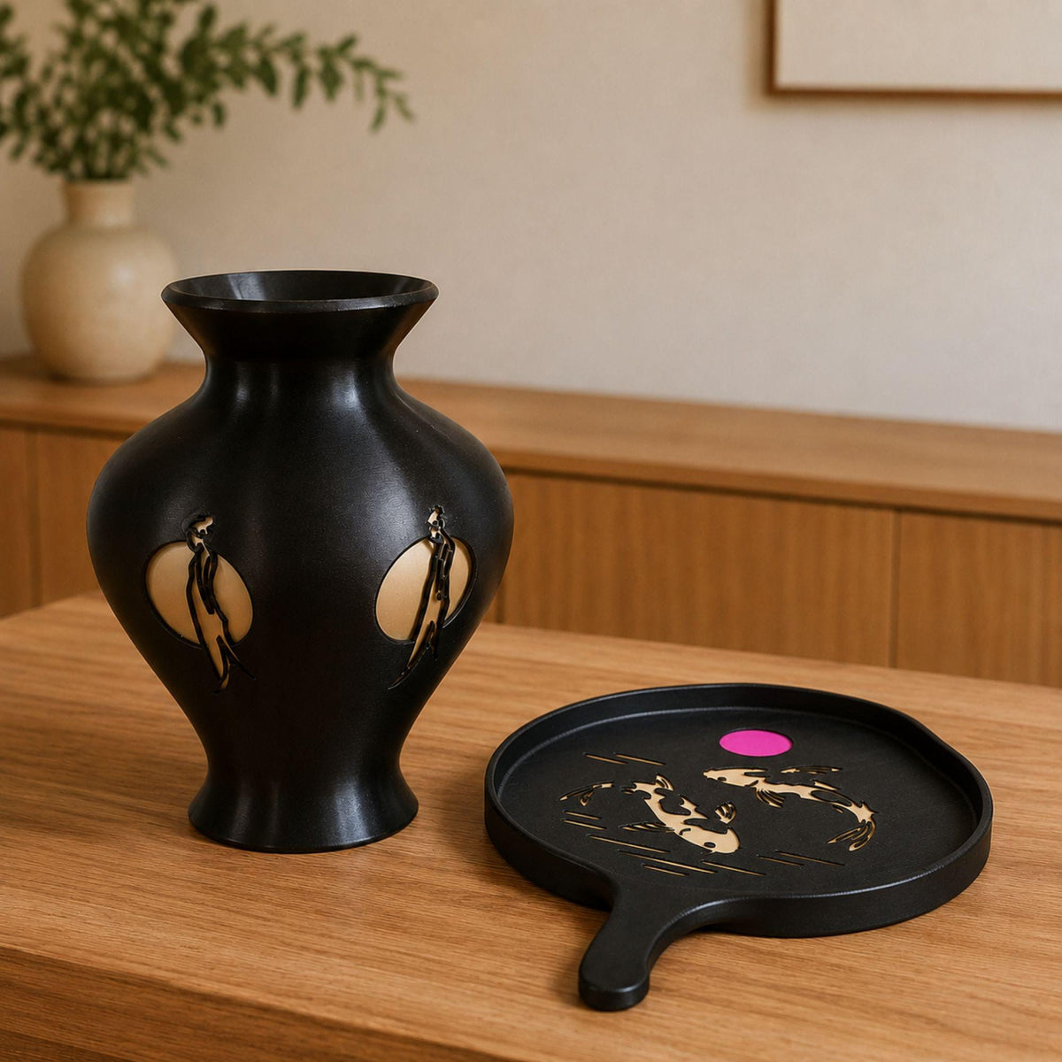 Japanese Elegance Pair | Geisha Moonlight Vase & Lotus Leaf Koi Tray | Zen Japandi Decor Gift