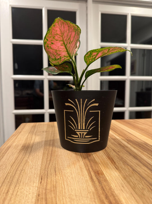 Art Deco Fountain Cachepot Planter  Black and Matte Tan Home Accent, Elegant Architectural Design for Modern Interiors