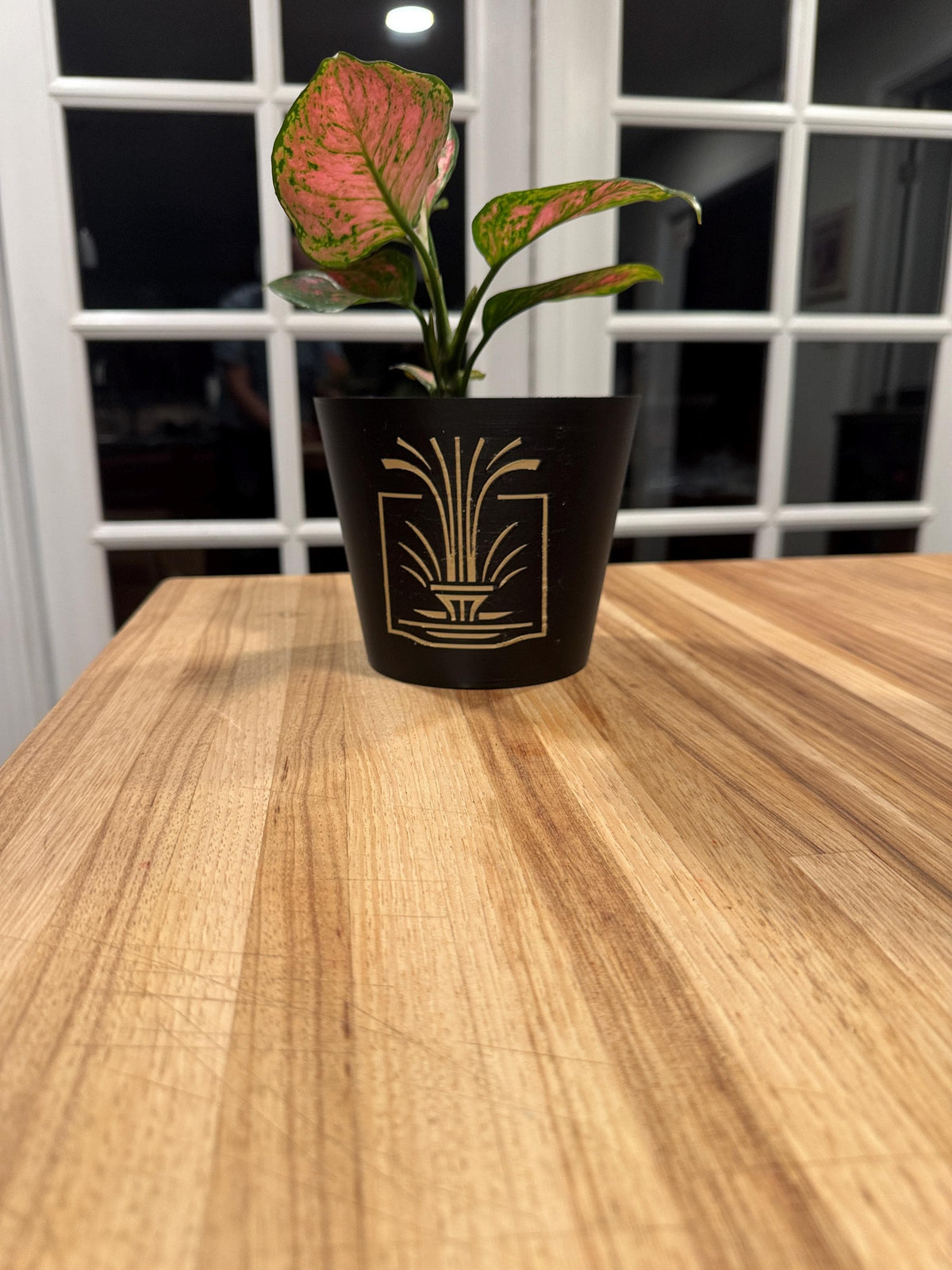 Art Deco Fountain Cachepot Planter  Black and Matte Tan Home Accent, Elegant Architectural Design for Modern Interiors