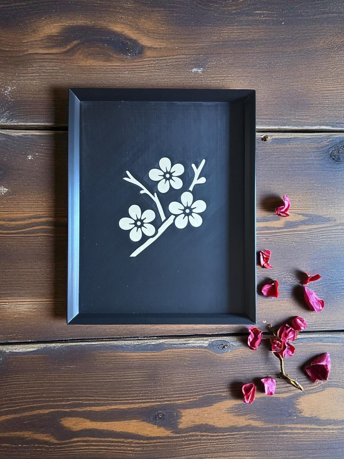 Sakura Path - Cherry BlossomModern Japanese Floral Tray, Tan-on-Black Inlay | Japan Collection | 3 Sizes