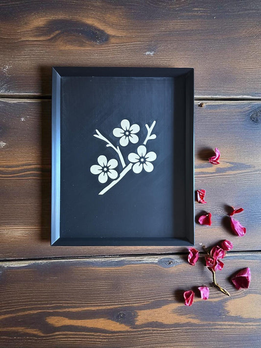 Sakura Path - Cherry BlossomModern Japanese Floral Tray, Tan-on-Black Inlay | Japan Collection | 3 Sizes