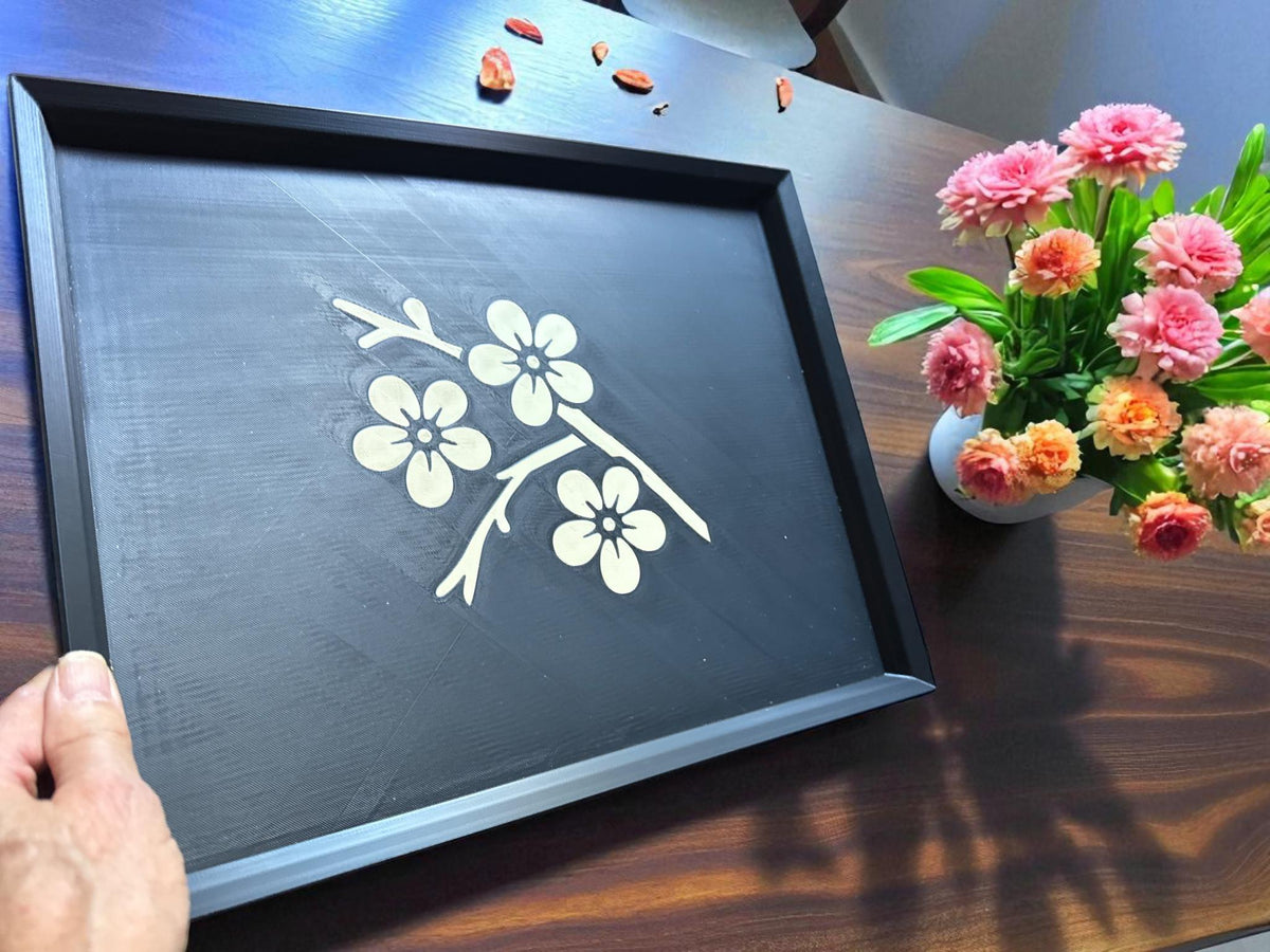 Sakura Path - Cherry BlossomModern Japanese Floral Tray, Tan-on-Black Inlay | Japan Collection | 3 Sizes