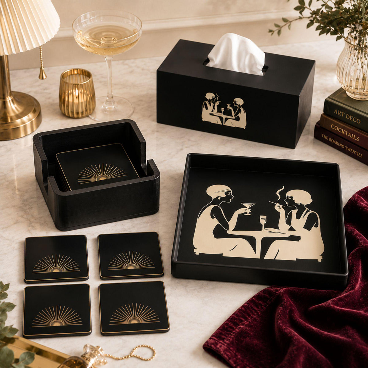 Art Deco Speakeasy Decor Set | Flapper Tissue Box Cover, Tray, Coasters & Holder | Gatsby Bathroom Bar Cart Gift