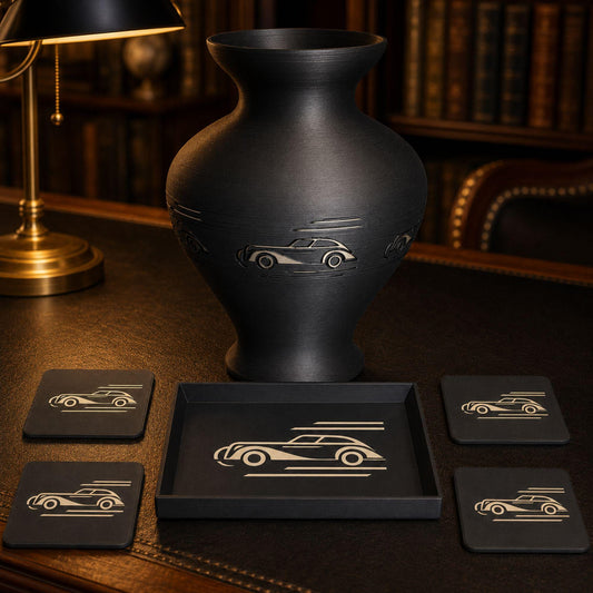 Motor Age Gentlemans Trio | Art Deco Car Vase, Tray & Coasters | Vintage Automobile Decor for Mens Office Gift