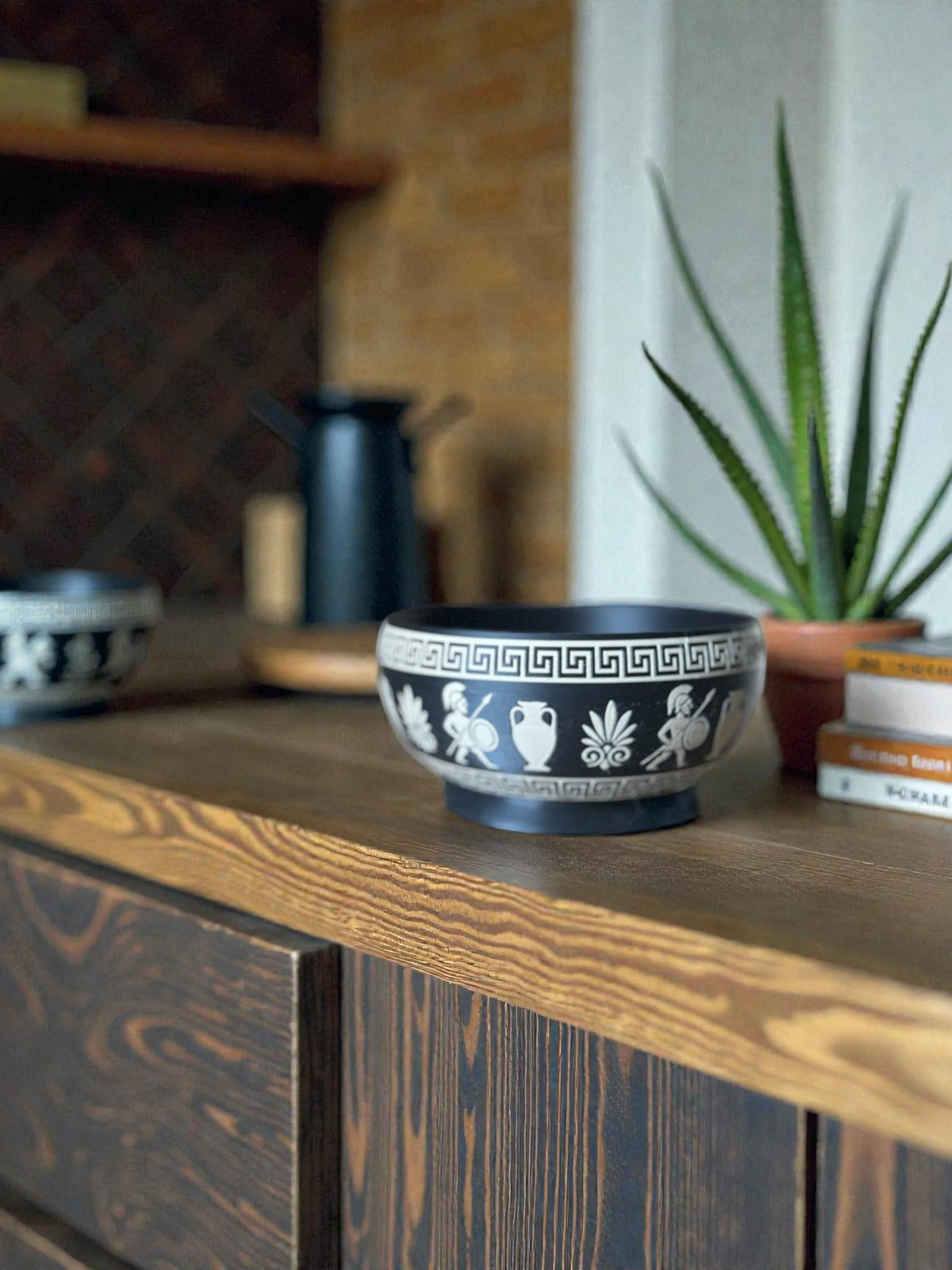 SPARTAN Bowl, Greek Key Bowl, Modern Catchall Dish, Desk Organizer, Jewelry Tray, Entryway Bowl, Black and Tan Decor, Minimalist Home