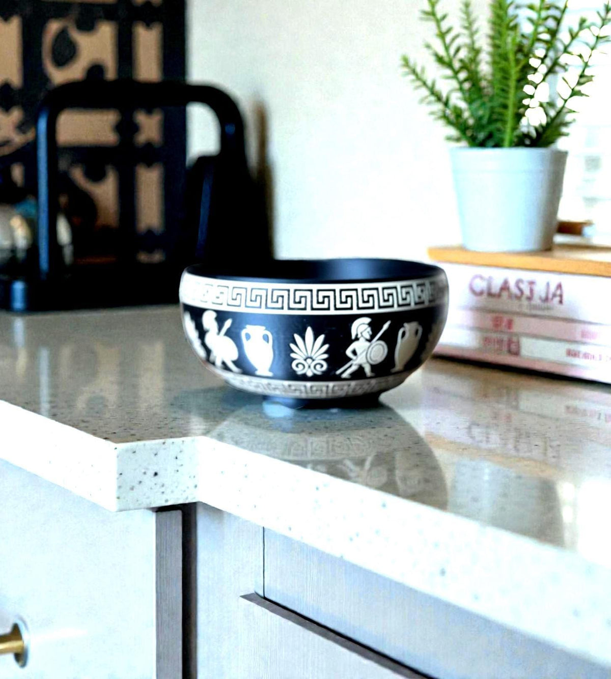 SPARTAN Bowl, Greek Key Bowl, Modern Catchall Dish, Desk Organizer, Jewelry Tray, Entryway Bowl, Black and Tan Decor, Minimalist Home