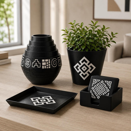 Geometric Home Decor Set | Andean Vase, Tray & Coasters | Coffee Table Decor | Housewarming Gift