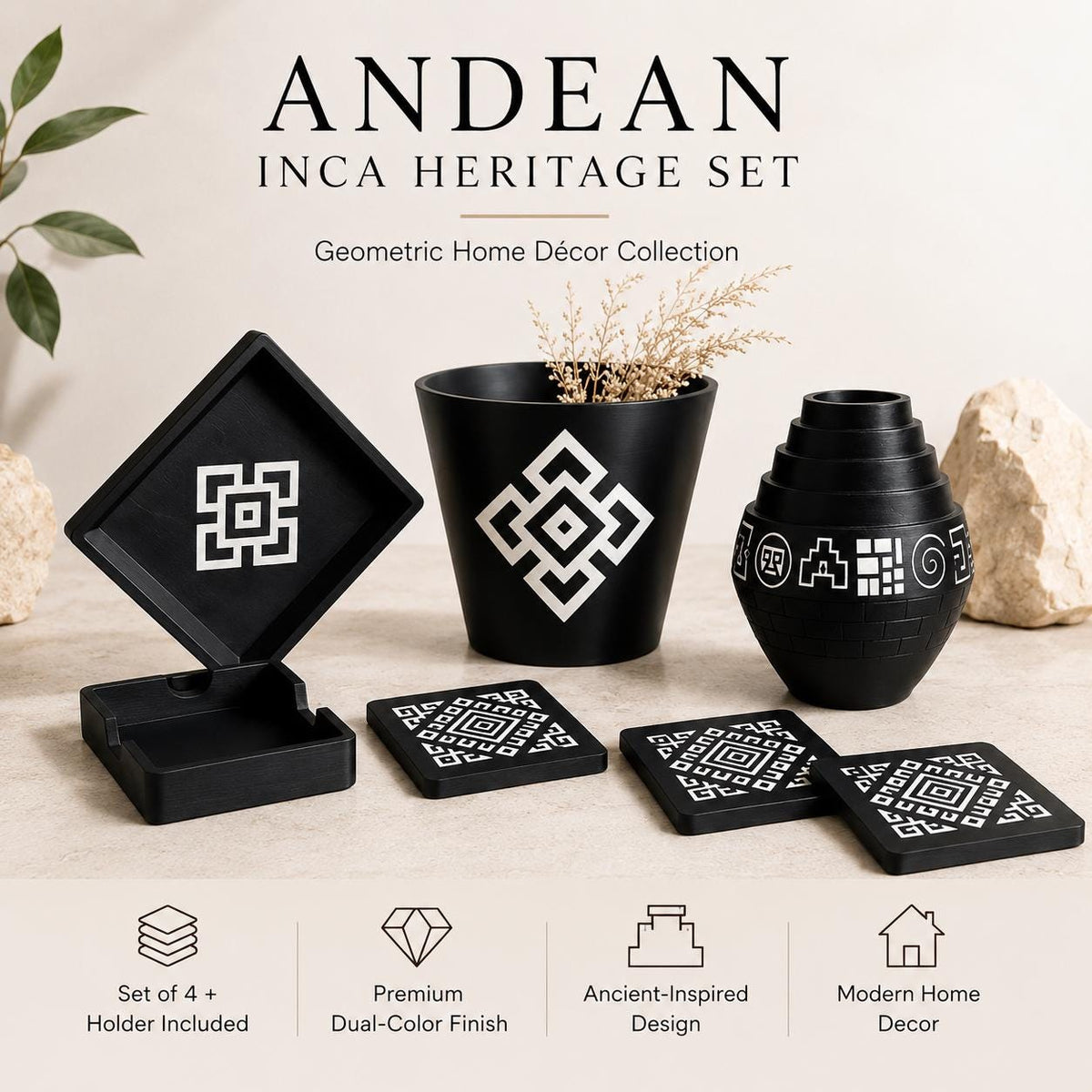 Geometric Home Decor Set | Andean Vase, Tray & Coasters | Coffee Table Decor | Housewarming Gift