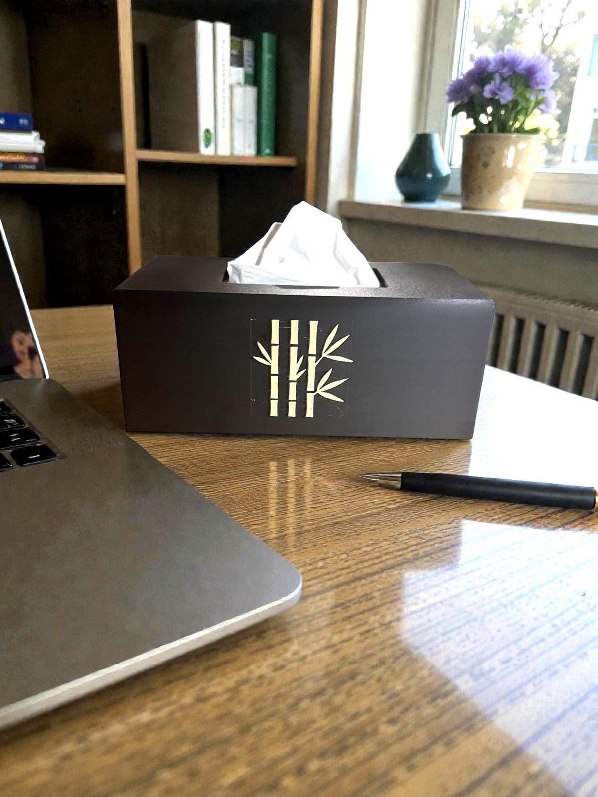 Bamboo Tissue Box Cover Black and Ivory, Modern Zen Tissue Holder, Rectangular Bathroom Decor, Japanese Style Gift