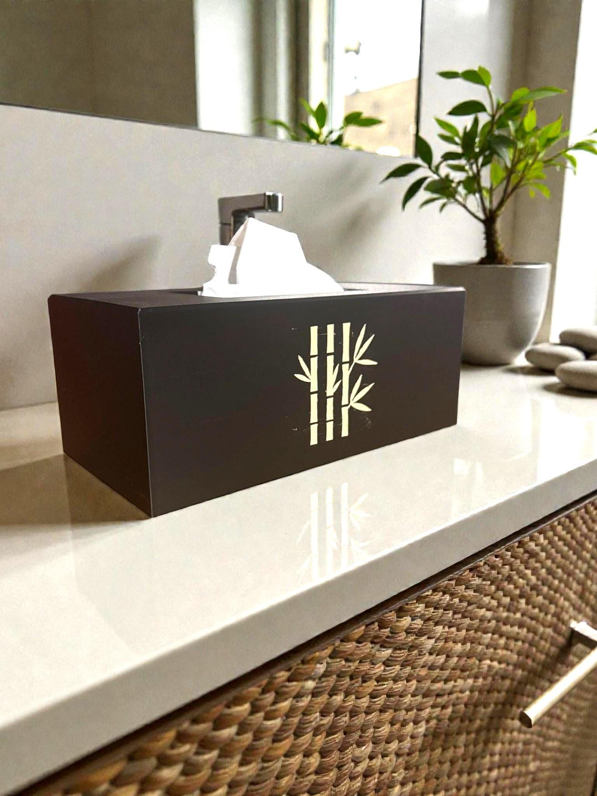 Bamboo Tissue Box Cover Black and Ivory, Modern Zen Tissue Holder, Rectangular Bathroom Decor, Japanese Style Gift