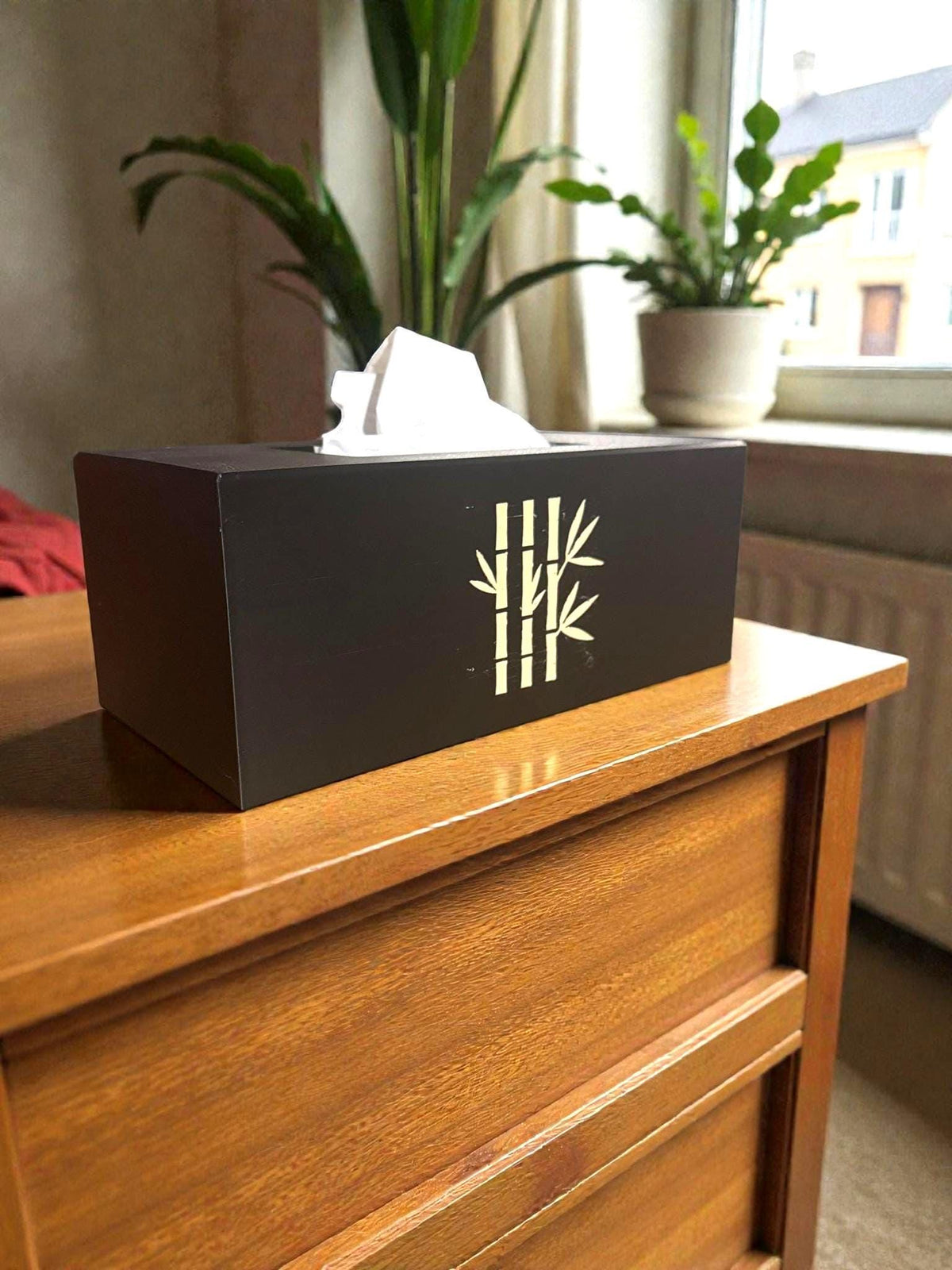 Bamboo Tissue Box Cover Black and Ivory, Modern Zen Tissue Holder, Rectangular Bathroom Decor, Japanese Style Gift